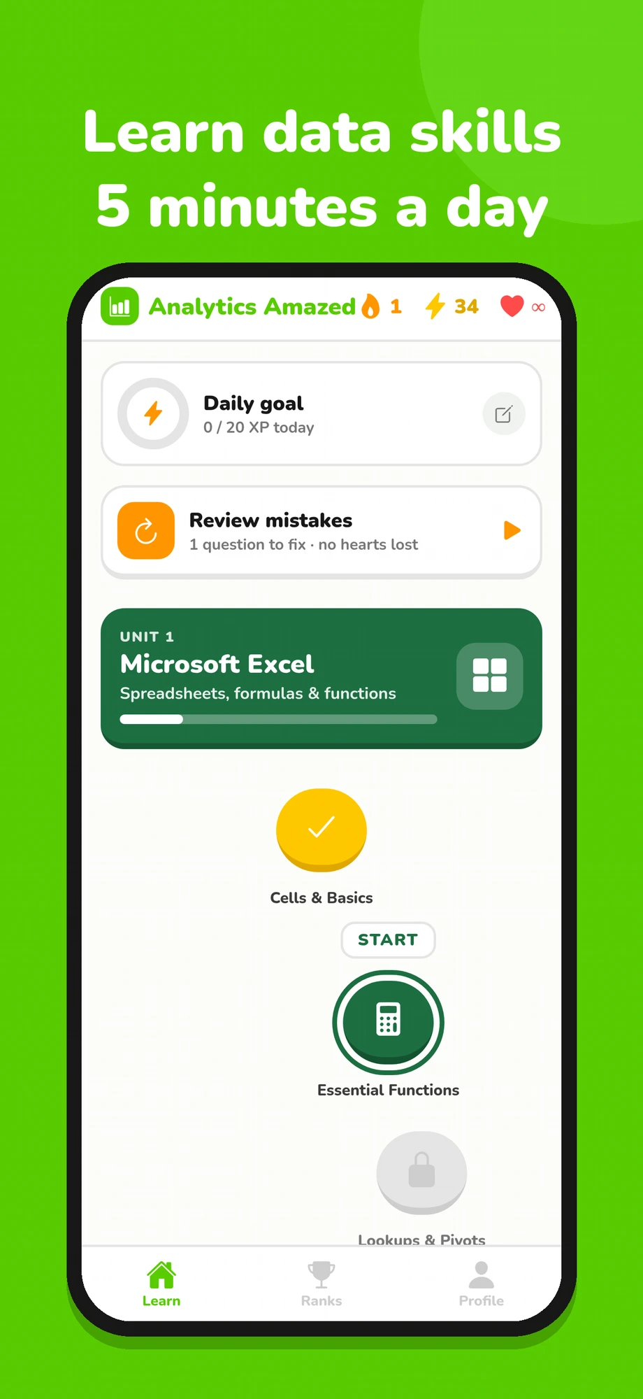 Analytics Amazed learning path with daily goal, mistake review and the Microsoft Excel unit