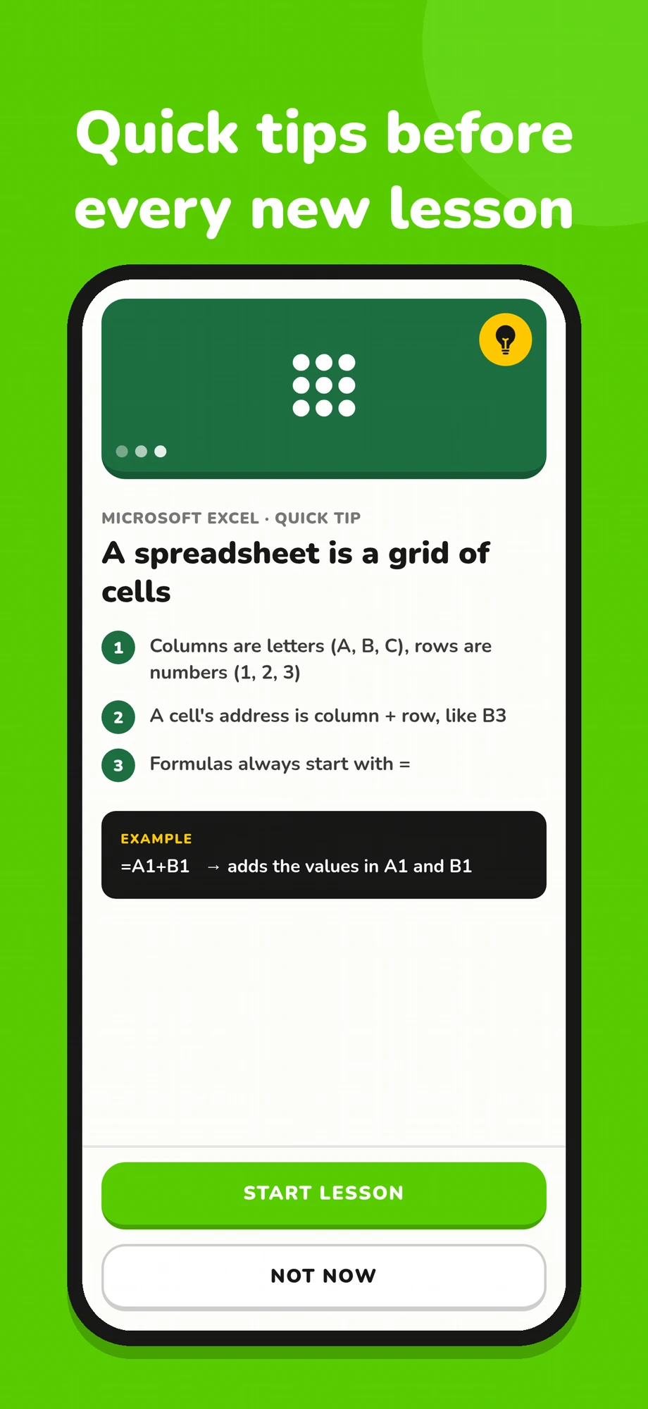 Quick tip card explaining that a spreadsheet is a grid of cells