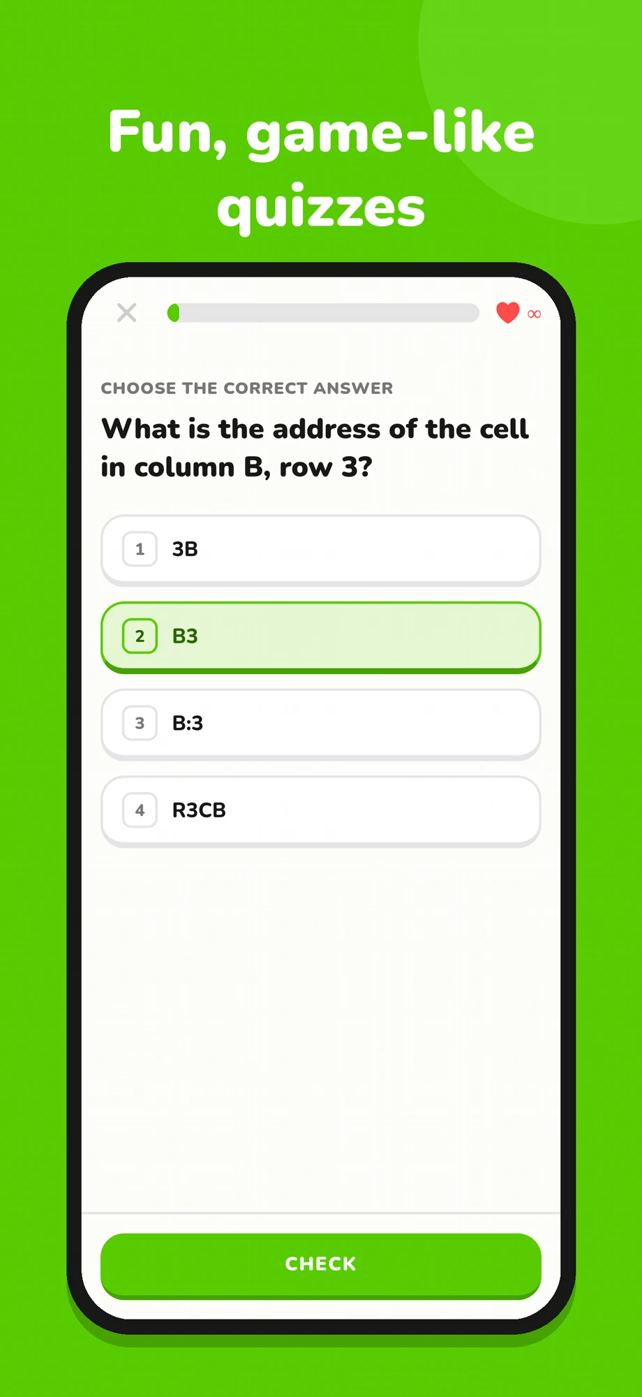 Quiz screen asking for the address of the cell in column B, row 3